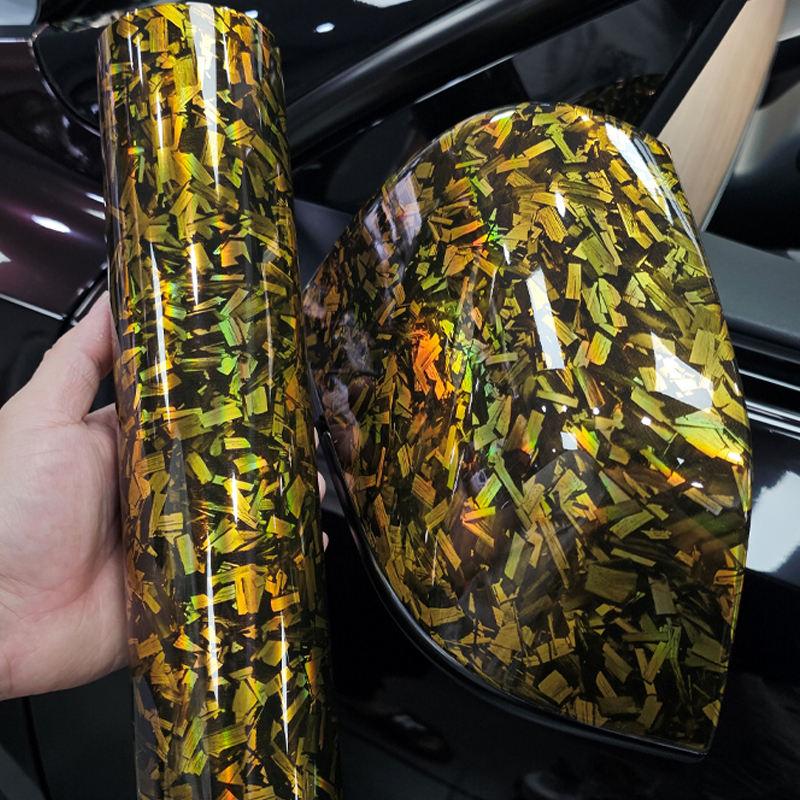 Gloss Holographic Gold Rainbow Forged Carbon Vinyl Wrap