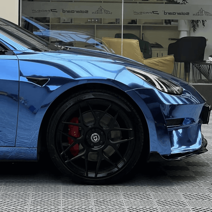 blue mirror chrome vinyl vehicle wrap for tesla