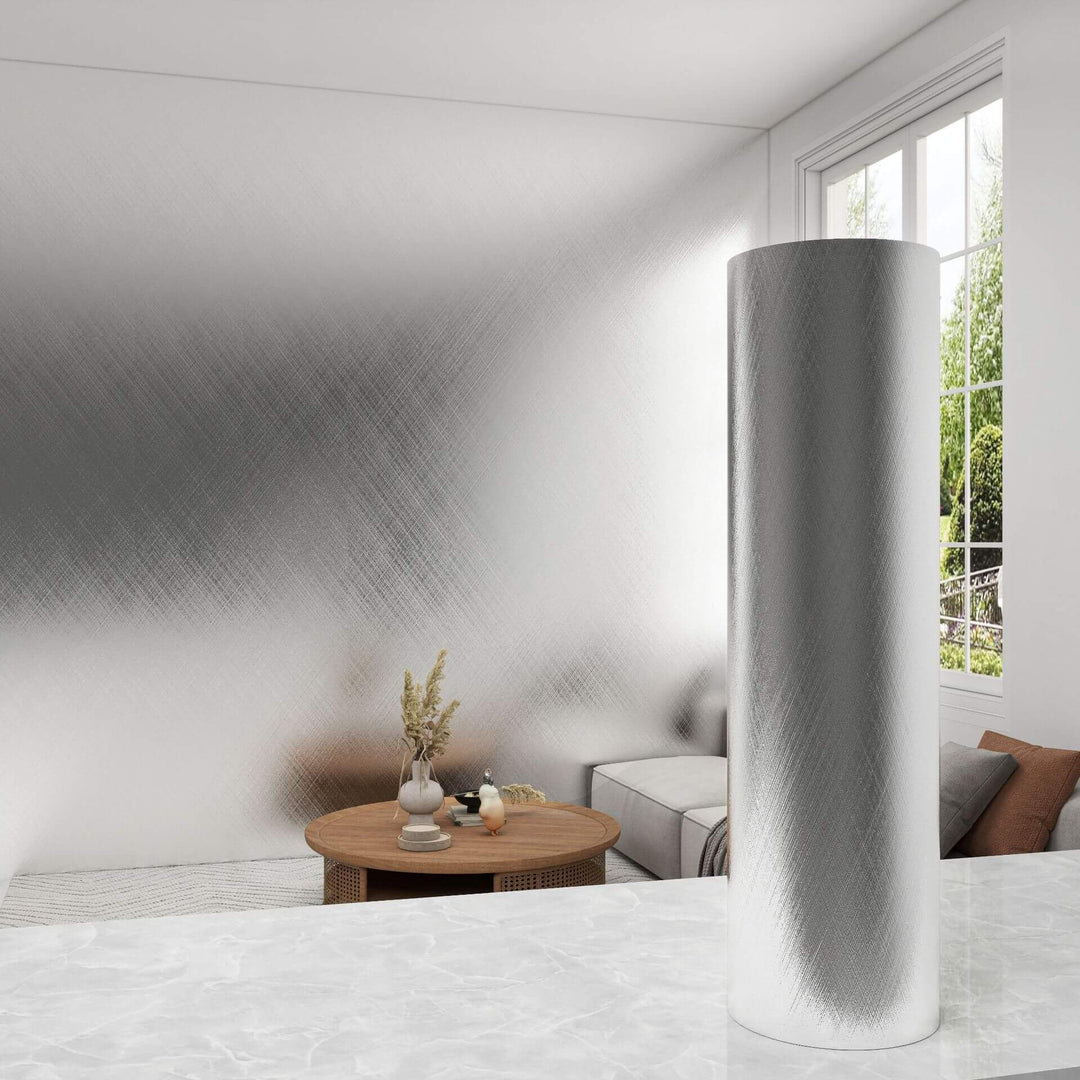 Brushed Metal Textured Shuttle Weave Silver Wallpaper