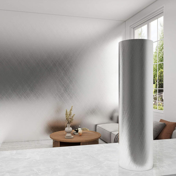 Brushed Metal Textured Shuttle Weave Silver Wallpaper