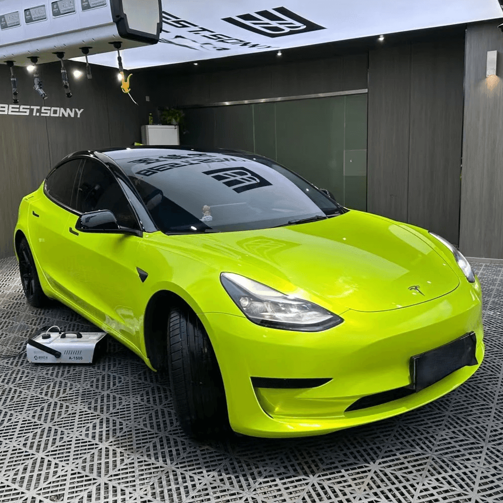 Fluorescent Yellow Pearlescent Metallic Vinyl Wrap tesla model 3