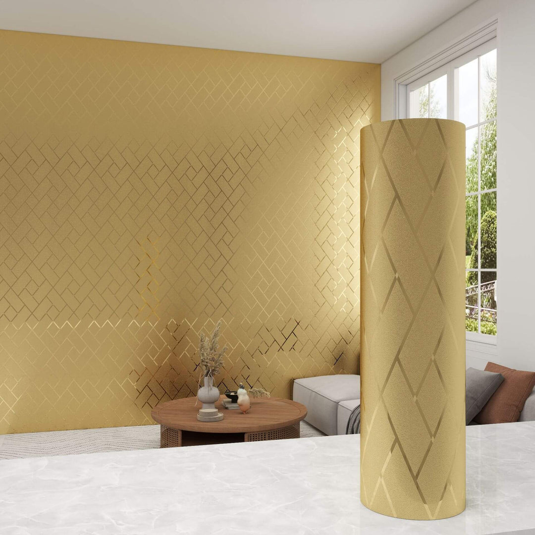 Lattice Champagne Gold Brushed Metal Textured Wallpaper