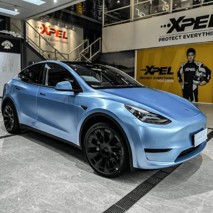 Matte Metallic Bright Blue Vinyl Wrap tesla