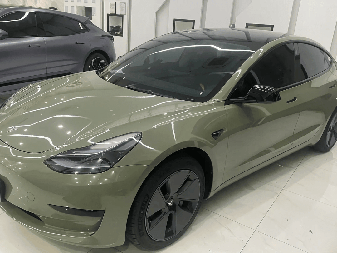 Model 3 Gloss Crystal Khaki Green Vinyl Wrap