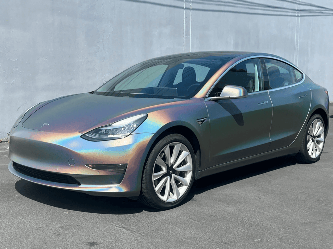 tesla model 3 Iridescent Gray Laser Matte Vinyl Wrap