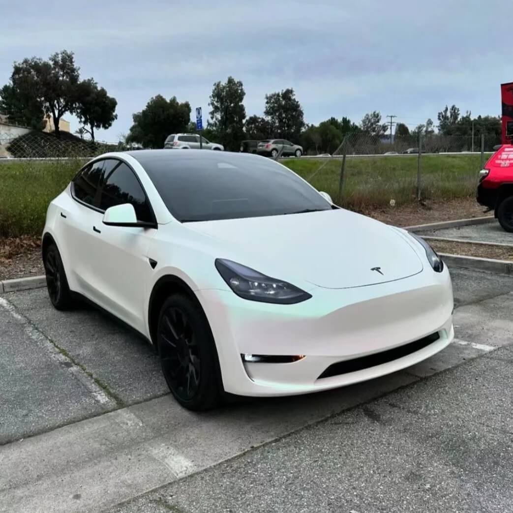 Satin Aurora White Tesla Car Wrap