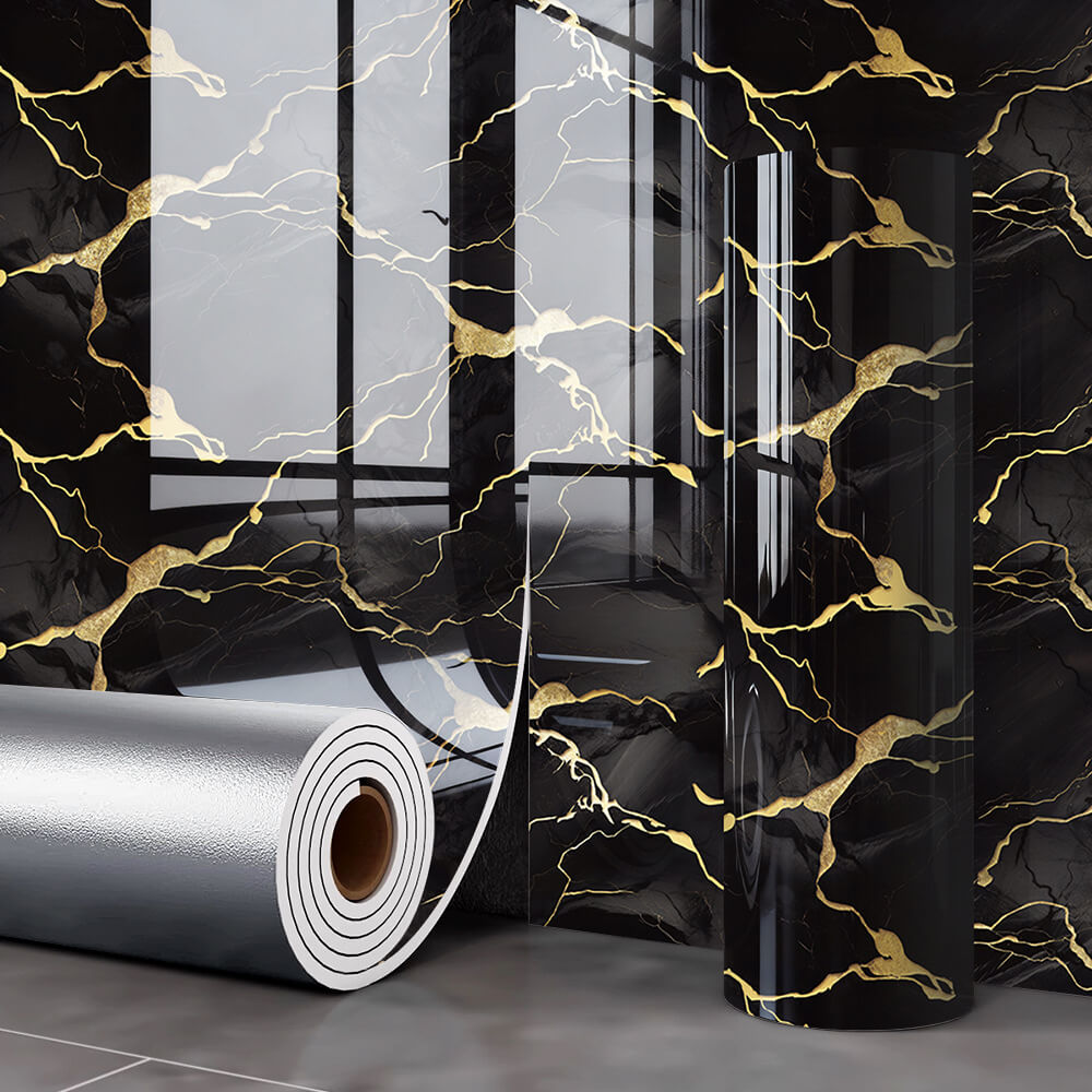 Self-Adhesive Black & Champagne Gold Marble Wallpaper