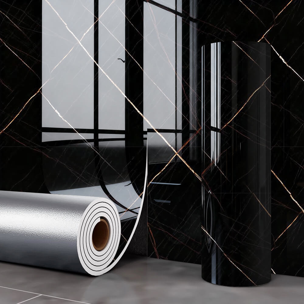 Self-Adhesive Midnight Gold Trace Black Marble Wallpaper