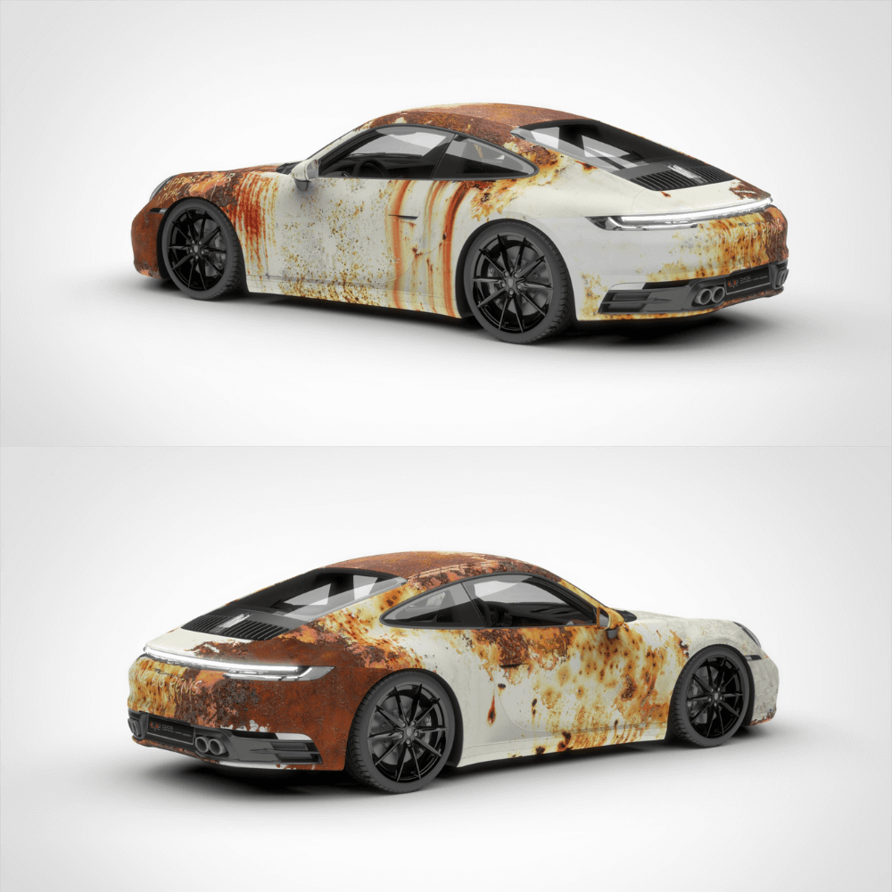 White Rust Wrapped Car