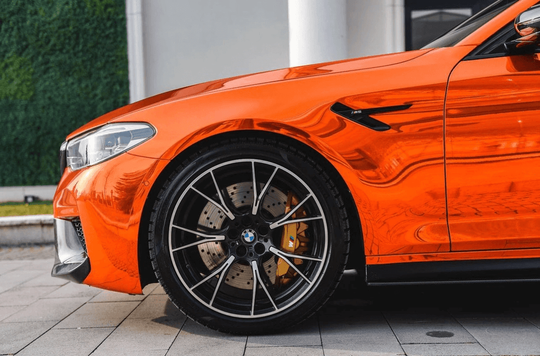 chrome mirror orange vinyl wrap bmw