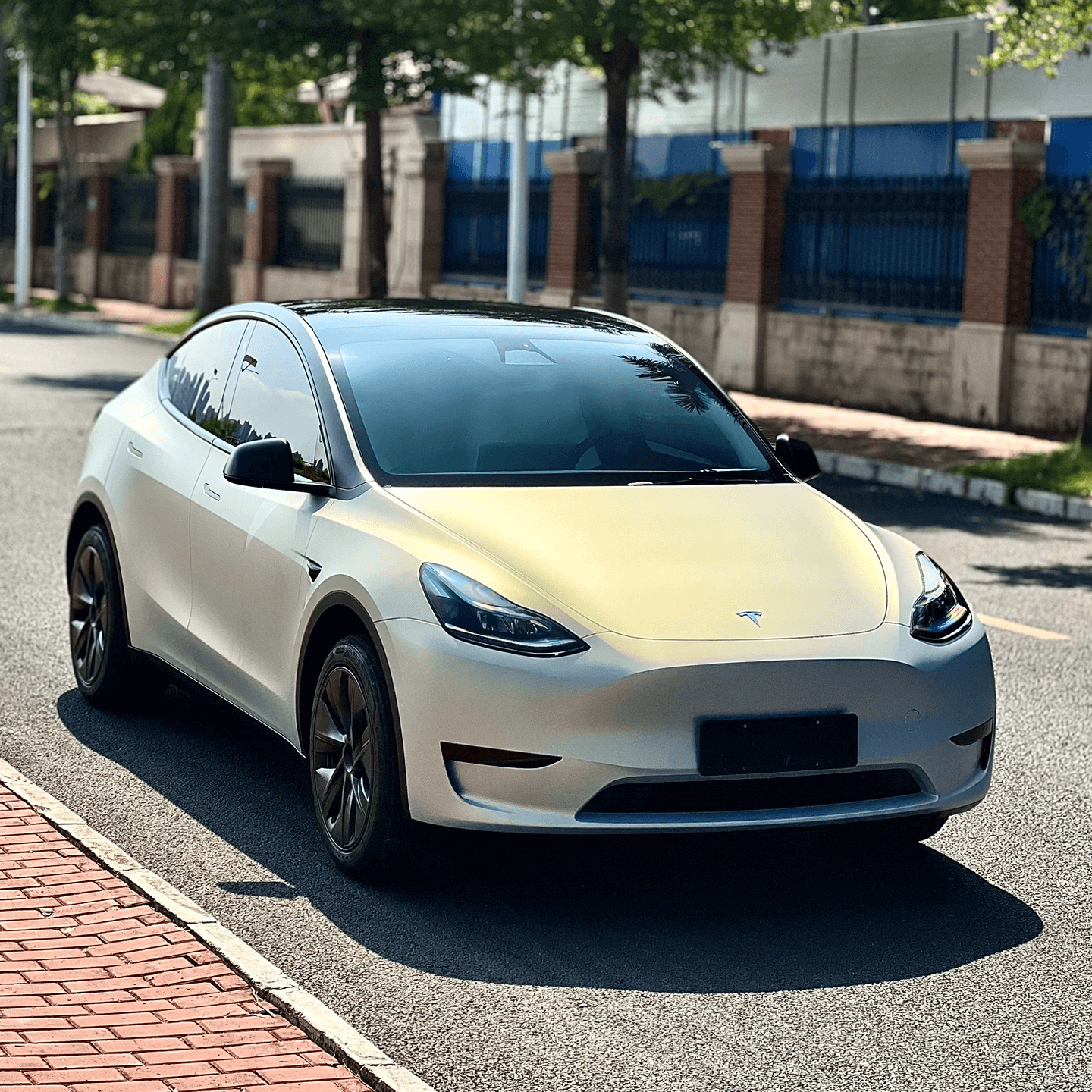 model y white and gold car wraps