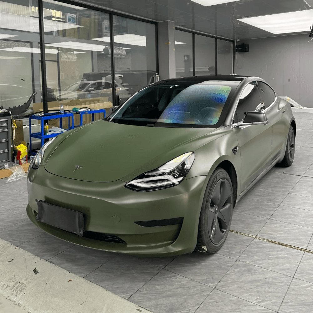 tesla Satin Ceramic Military Green Vinyl Wrap