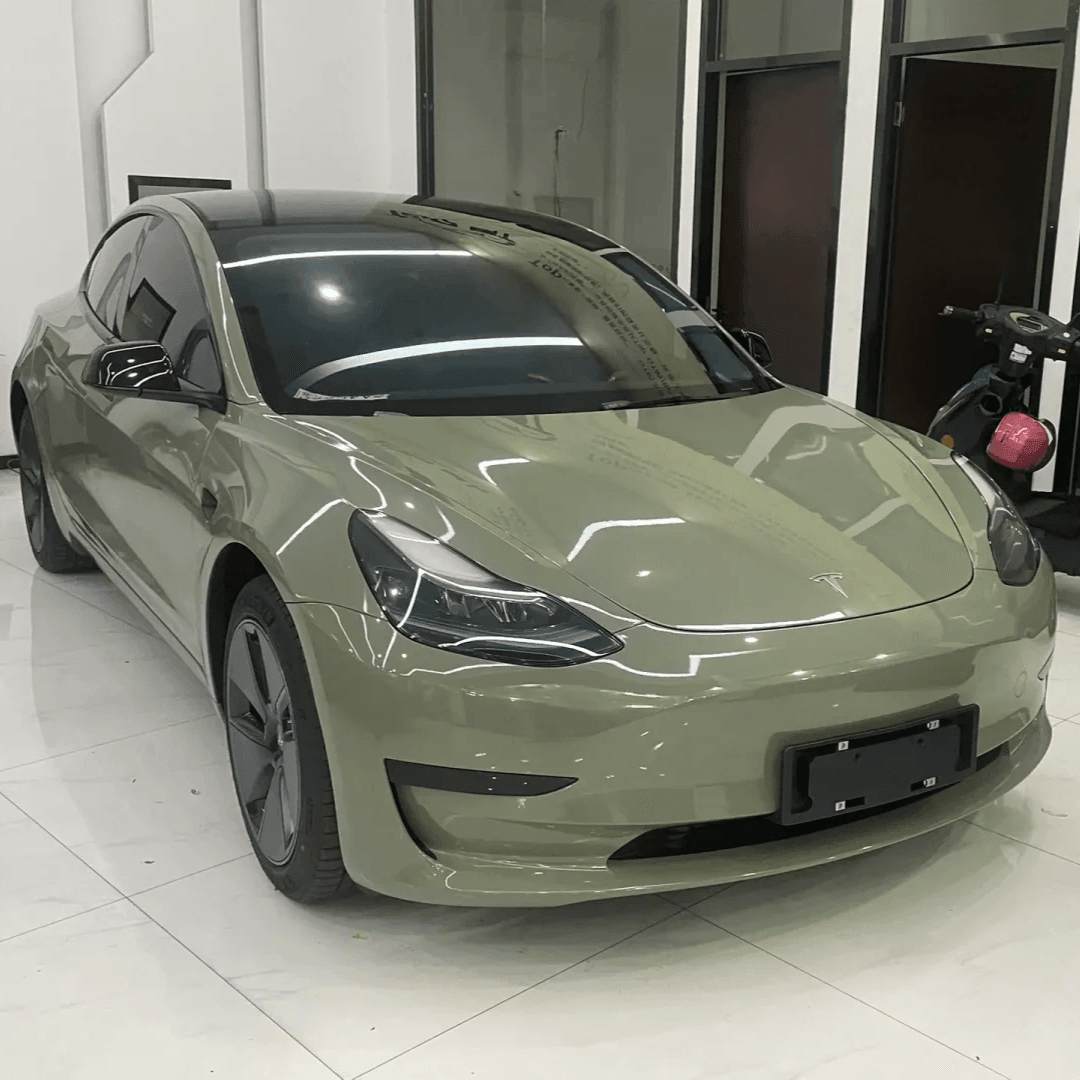 tesla model 3 Gloss Crystal Khaki Green Vinyl Wrap