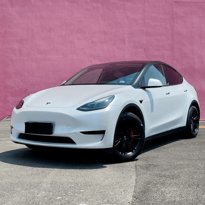 tesla model y Matte Metallic White Vinyl Wrap